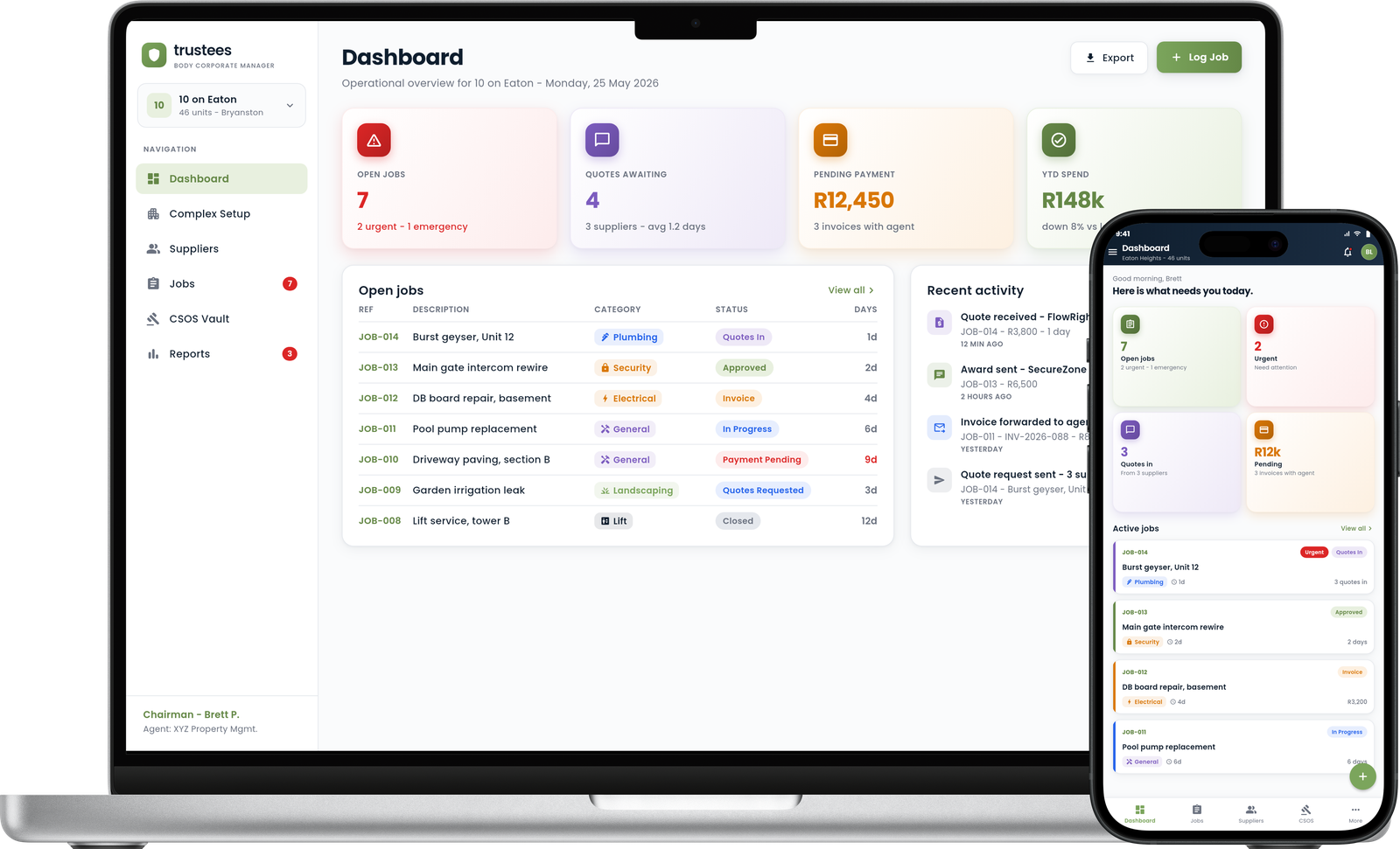 The Trustees dashboard on a MacBook and iPhone: stat cards, the open jobs table, activity feed and the mobile app showing the same live scheme data.