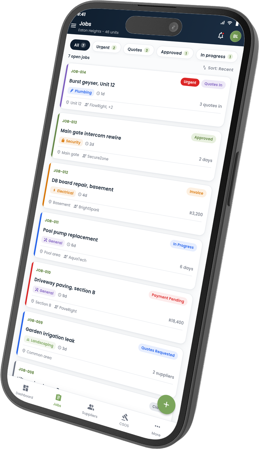 The Trustees app jobs list on iPhone: colour-coded job statuses, categories and suppliers.
