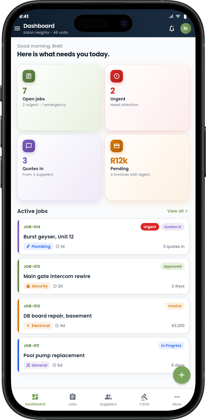 The Trustees app dashboard on iPhone: open jobs, urgent items, quotes and pending payments.